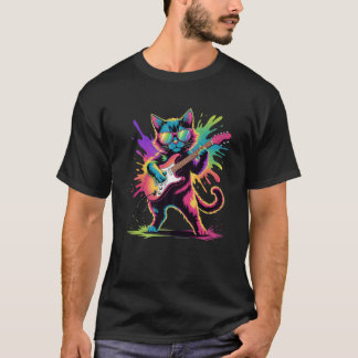 Guitar Katt Affisch Stil Färgrik Målarfärg Fläck K T Shirt