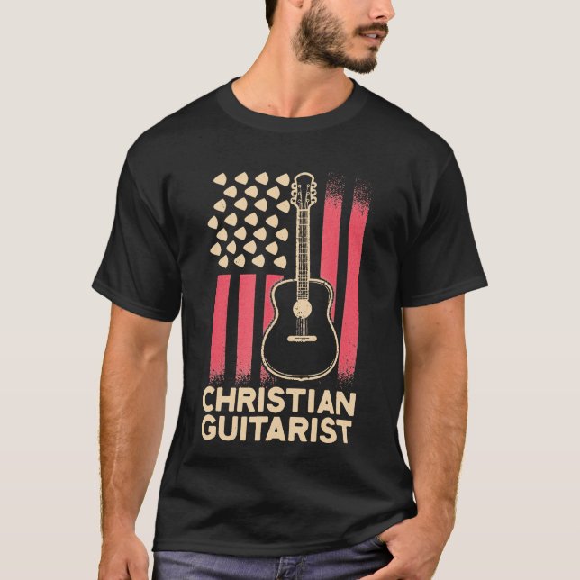 Guitar - kristen Guitarist USA flagga Church Worsh T Shirt (Framsida)