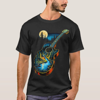 Guitar Lake Reflections Skog Tall Månläger T Shirt