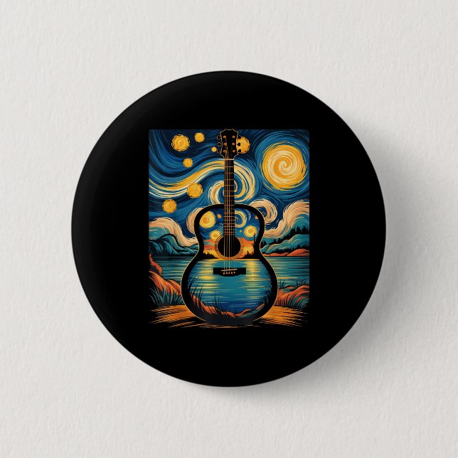 Guitar Lake Starry Night Music Guitarist Van Gogh  Knapp (Framsida)