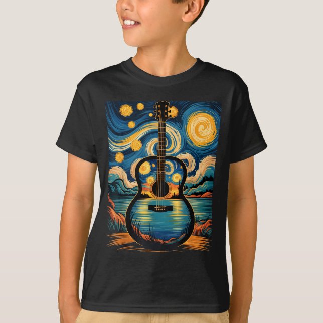 Guitar Lake Starry Night Music Guitarist Van Gogh  T Shirt (Framsida)