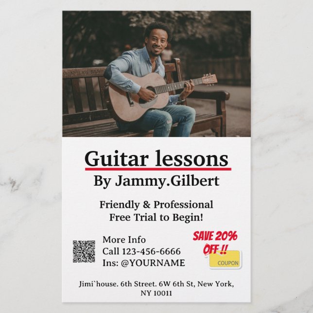 Guitar Lessons Flyer-utskrift med Dubbla Flygblad (Framsidan)