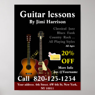 Guitar Lessons | Music School Poster Sign Black