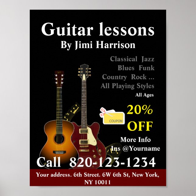 Guitar Lessons | Music School Poster Sign Black (Framsidan)