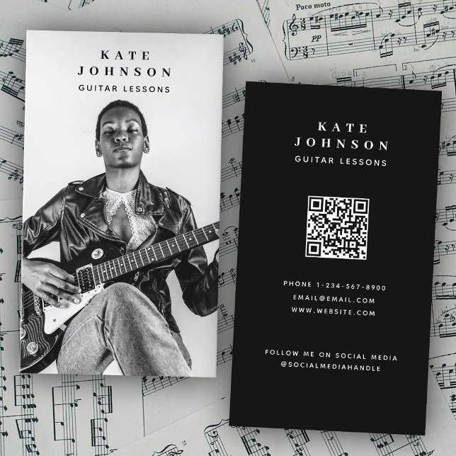 Guitar Lessons Musician Photo Social Media QR-kod Visitkort (Guitar Lessons Musician Photo Social Media QR Code Business Card)