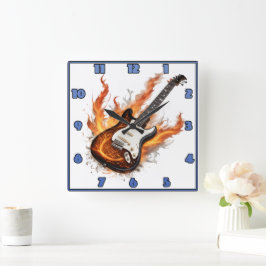 Guitar med lågor och anteckningar som snurrar fyrkantig klocka