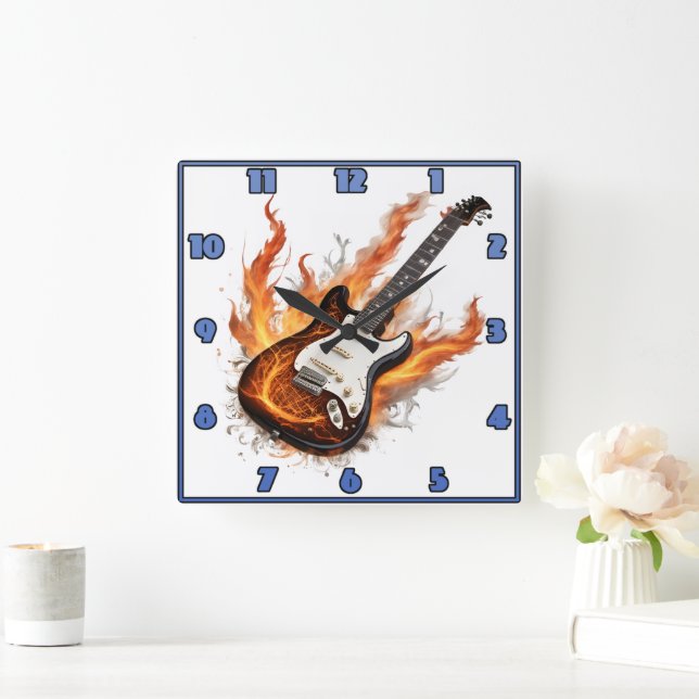 Guitar med lågor och anteckningar som snurrar fyrkantig klocka (Hem)