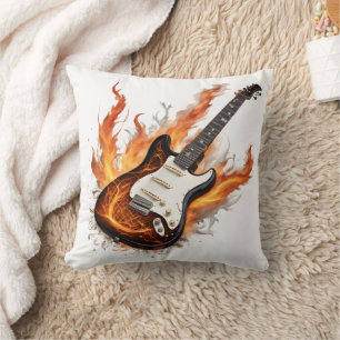 Guitar med lågor och anteckningar som snurrar kudde