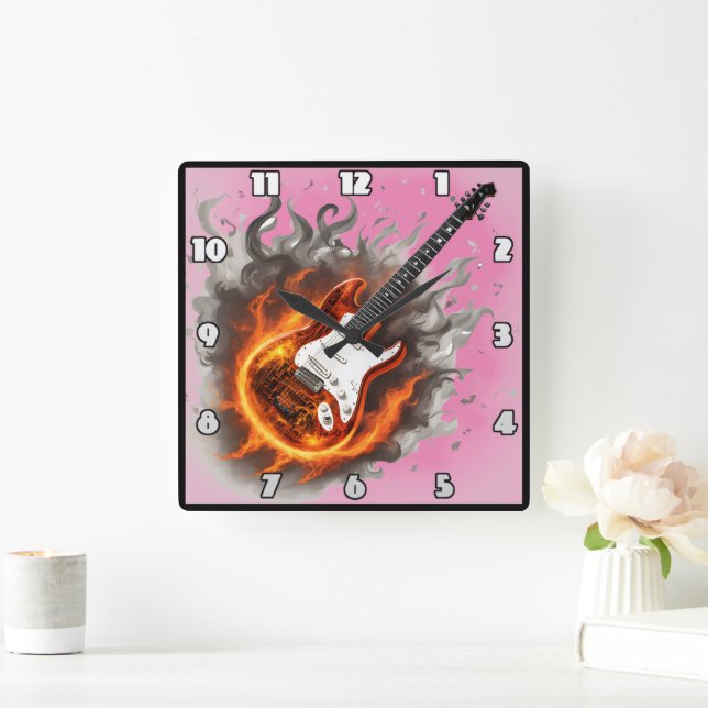 Guitar med pulserande flammor och musik noter fyrkantig klocka (Hem)