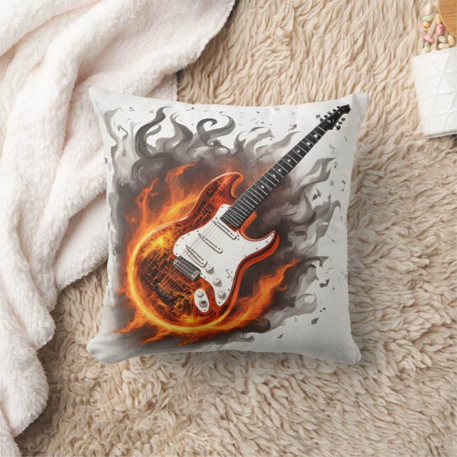 Guitar med pulserande flammor och musik noter kudde (Filt)
