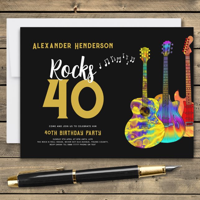 Guitar Music 40-årsdagen party Inbjudan Vykort (Guitar 40th birthday party black and gold budget invitation postcard musician guitarist )