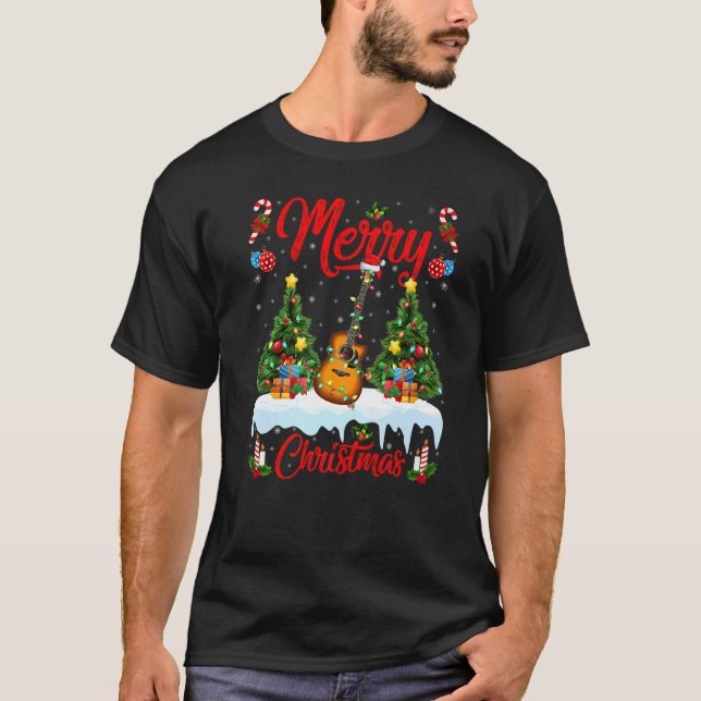 Guitar Music  Lights Xmas Tree Santa Guitar Christ T Shirt (Framsida)