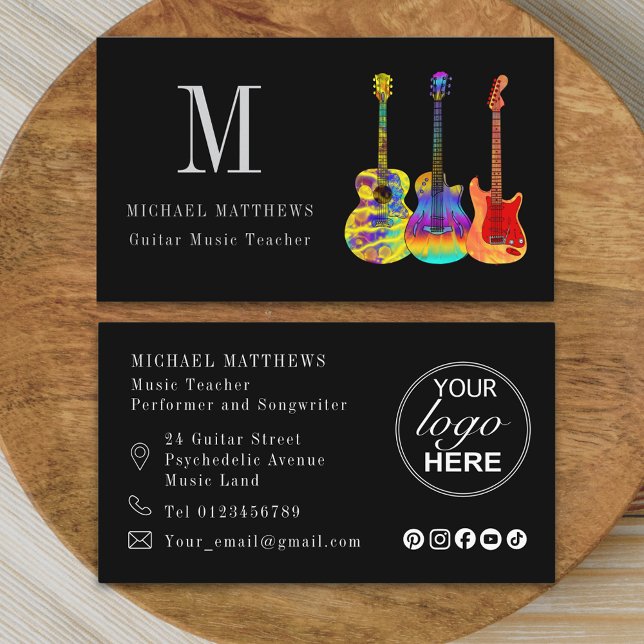 Guitar Music Teacher Anpassningsbar Logotyp och So Visitkort (Modern professional musician guitar music teacher logo social media Business card)