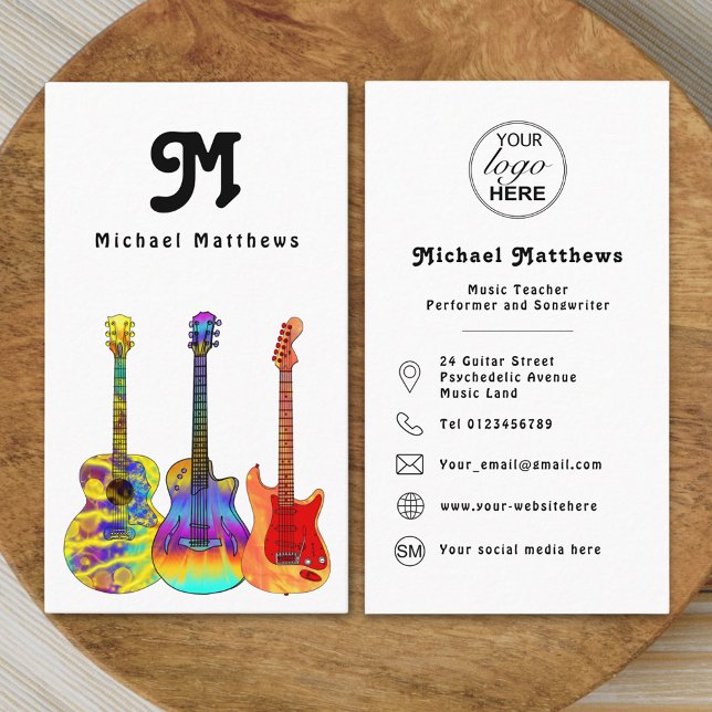 Guitar Music Teacher Anpassningsbar Logotyp Social Visitkort (Retro Modern guitar music tutor professional musician logo Business card Colorful guitar art)