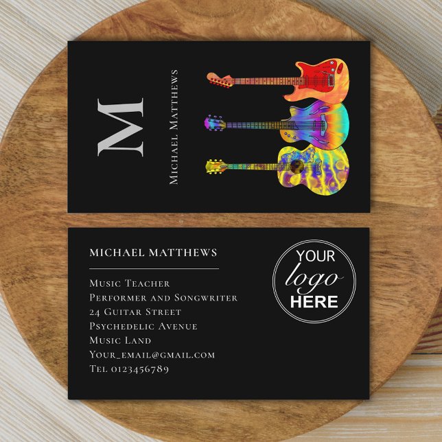 Guitar Music Teacher Anpassningsbar Logotyp Visitkort (Guitar teacher musician logo custom business card)