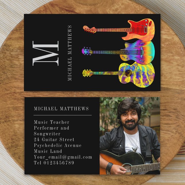 Guitar Music Teacher Anpassningsbar Photo Visitkort (Modern guitar music teacher professional musician photo Business card Colorful guitar art)