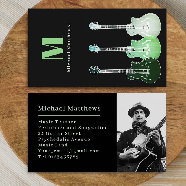 Guitar Music Teacher Anpassningsbar Photo Visitkort (Modern guitar music teacher professional musician photo Business card Green and black guitar art)