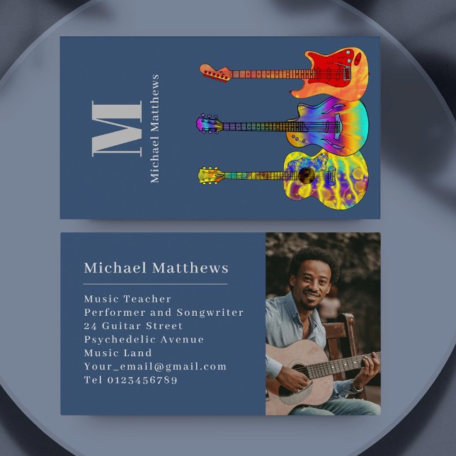 Guitar Music Teacher Anpassningsbar Photo Visitkort (Guitar music teacher photo template custom business card)