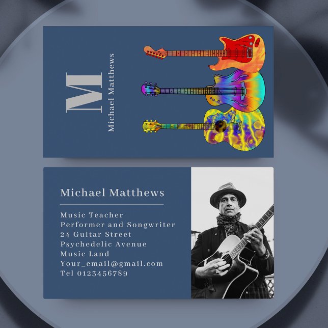 Guitar Music Teacher Anpassningsbar Photo Visitkort (Guitar music teacher and musician photo template custom business card)