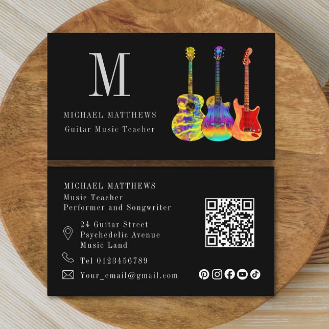 Guitar Music Teacher Anpassningsbar QR Code Social Visitkort (Modern guitar tutor custom qr code and social media icons business card)