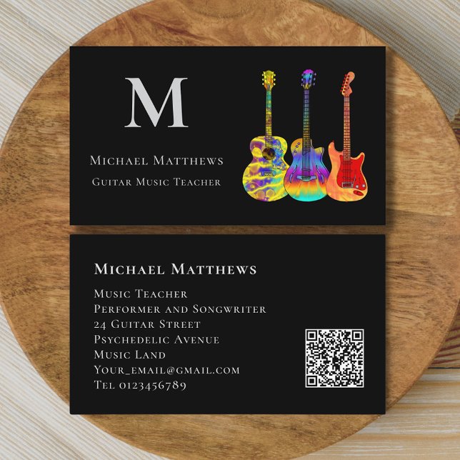 Guitar Music Teacher Anpassningsbar QR-kod Visitkort (Stylish guitar music teacher qr code custom business card)