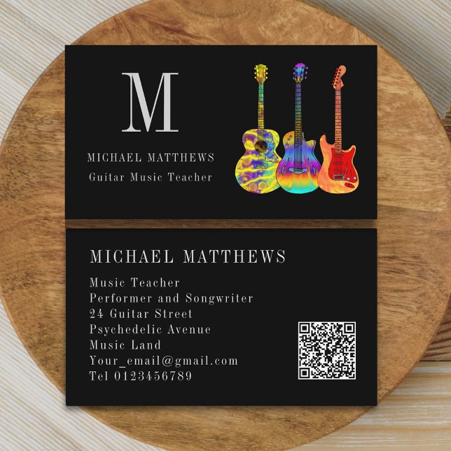 Guitar Music Teacher Anpassningsbar QR-kod Visitkort (Stylish guitar teacher custom qr code business card)