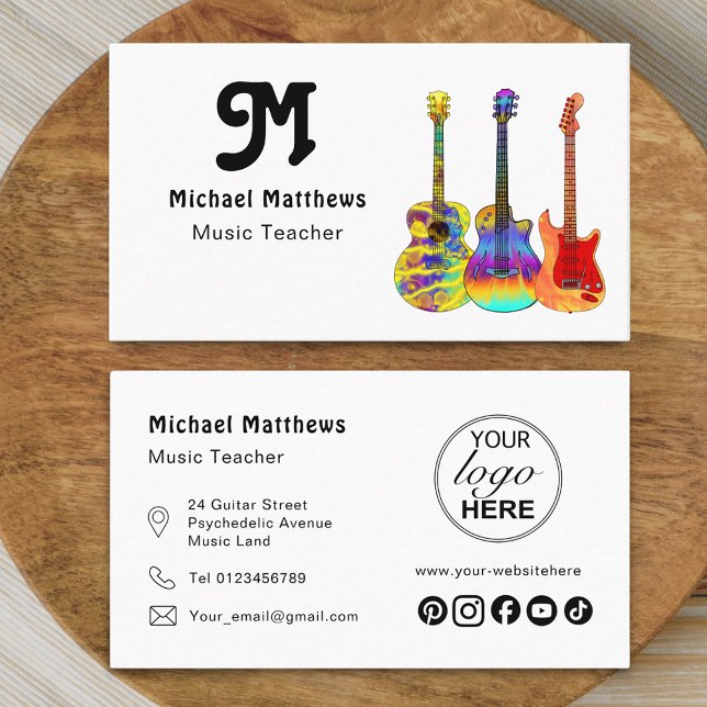 Guitar Music Teacher Logotyp och Social Media Anpa Visitkort (Modern retro guitar music tutor professional musician logo social media business card)