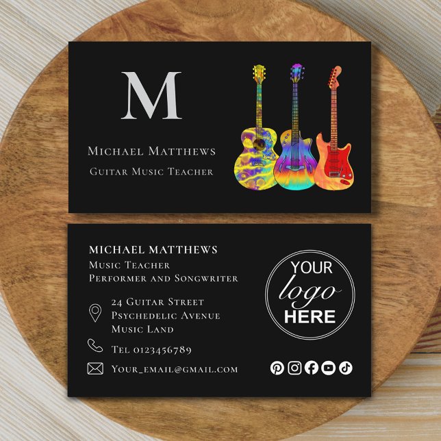 Guitar Music Teacher Logotyp Social Media Anpassni Visitkort (Modern guitar music teacher professional musician logo social media Business card Colorful guitars)