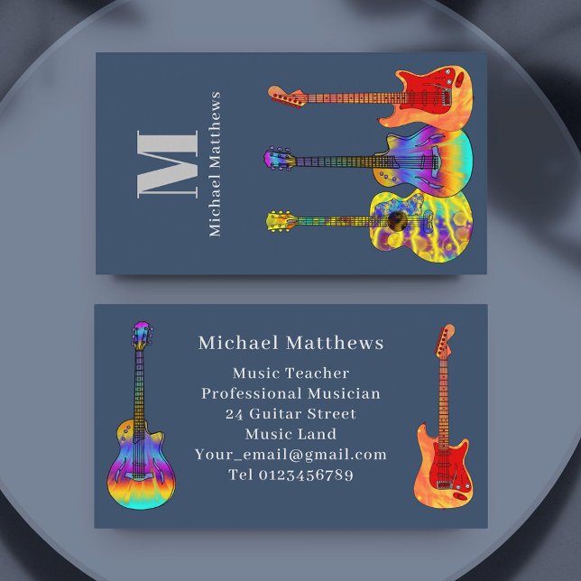 Guitar Music Teacher Monogram Personlig Visitkort (Modern guitar music teacher musician custom blue business card)