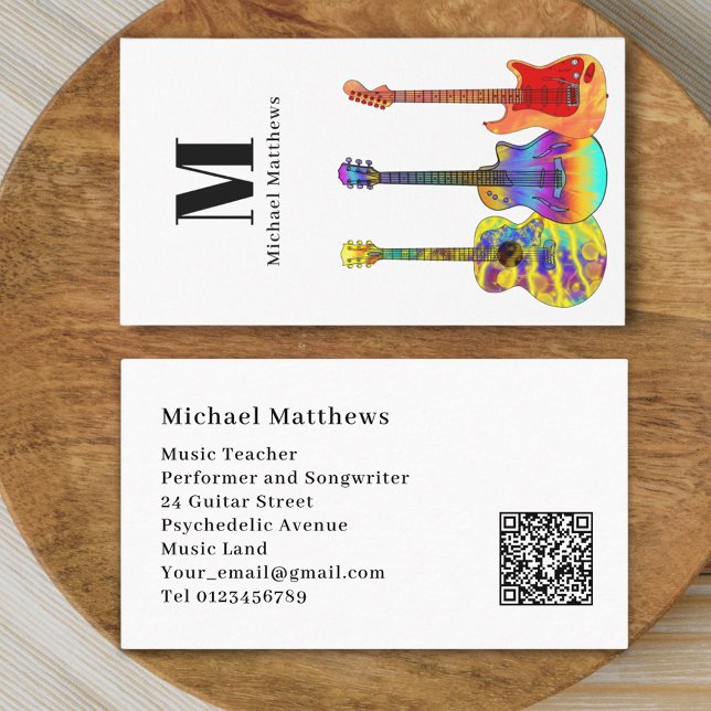 Guitar Music Teacher Musician QR Code Visitkort (Modern guitar music teacher professional musician qr code white Business card)