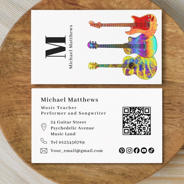 Guitar Music Teacher QR Code Social Media Anpassni Visitkort (Modern guitar teacher qr code and social media custom business card)