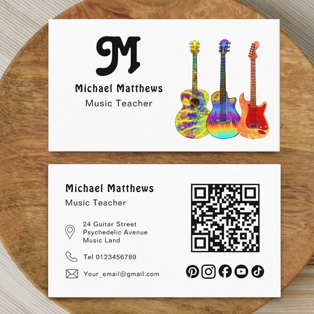 Guitar Music Teacher QR Social Media Anpassningsba Visitkort (Modern guitar music tutor professional musician social media qr code Business card colorful guitars)