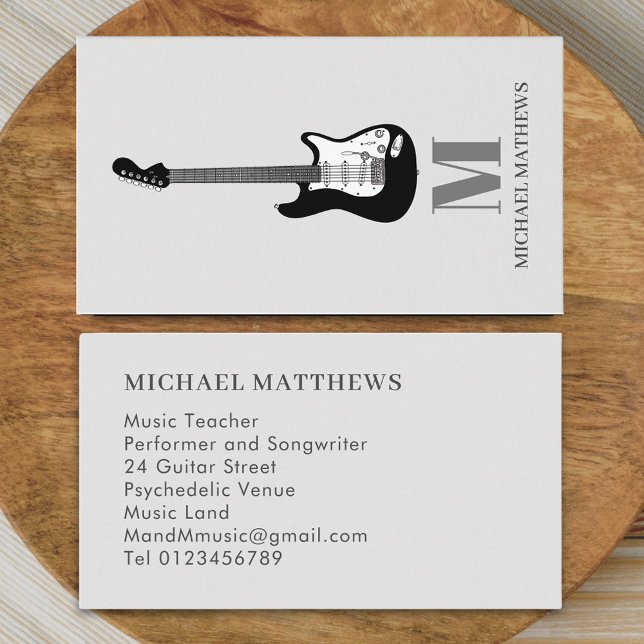 Guitar Music Teacher Visitkort (Modern Minimalist Guitar Music Teacher Musician Business card Monogram name initials electric guitar)