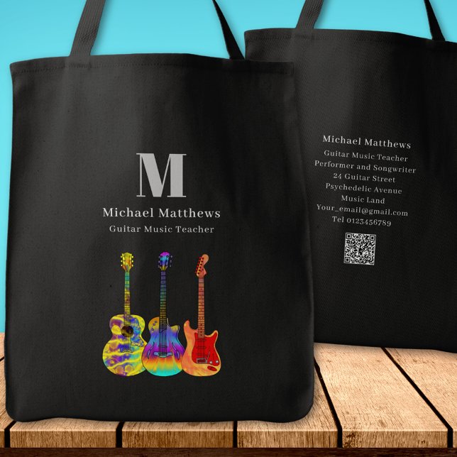 Guitar Music Tutor Anpassningsbar QR-kod Tygkasse (Guitar teacher music business website QR code custom monogram tote bag)