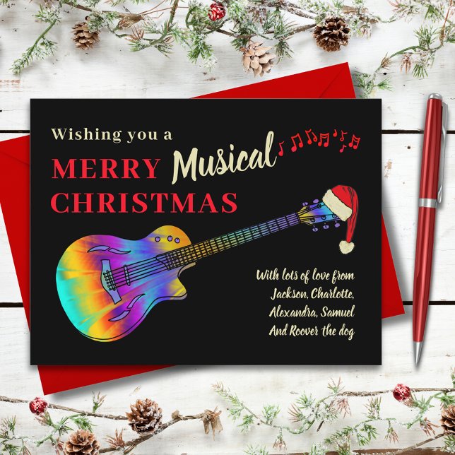 Guitar Musical God jul budget Helg Vykort (Christmas guitar wearing a Santa hat merry musical holiday greetings card)