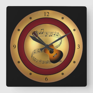 Guitar~Musical Scroll~Gold/Maroon/Black bakgrund Fyrkantig Klocka