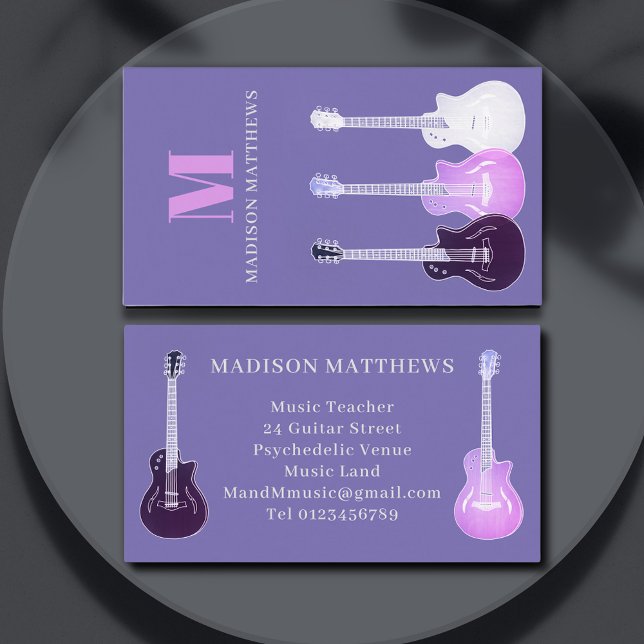 Guitar Musician Music Lacher Lila Visitkort (Guitar music teacher purple and pink professional business card with monogram)