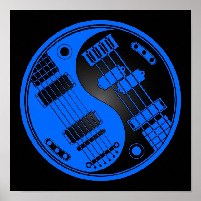 Guitar och Bass Yin Yang Blue and Black Poster (Framsidan)