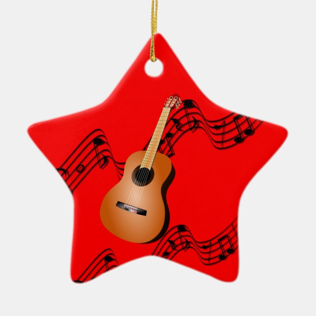 Guitar på stjärnformad röd julprydnad julgransprydnad keramik (Framsidan)