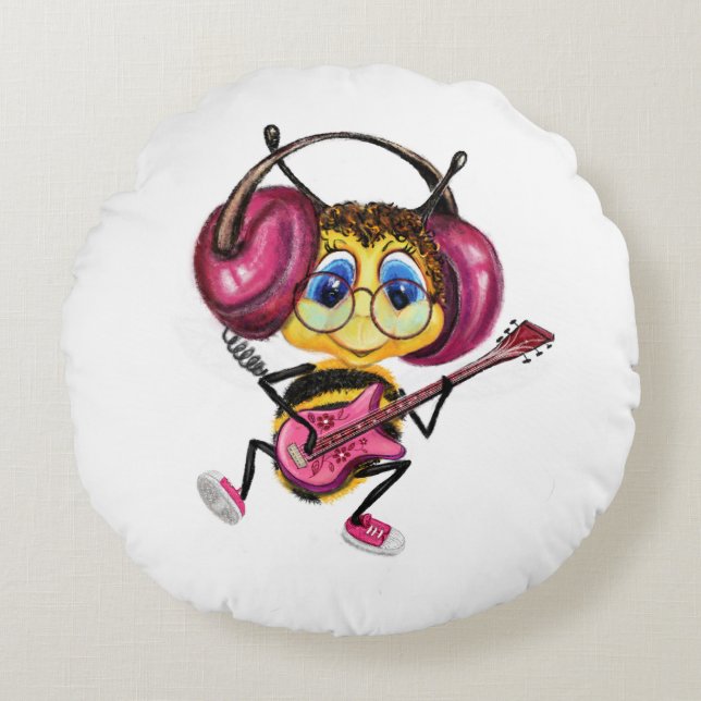 Guitar Player Bee Round Pillow Rund Kudde (Framsidan)