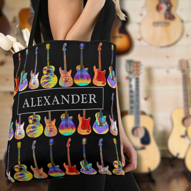 Guitar Player Namn Guitarist Music Tygkasse (Colorful guitar personalized name tote bag for guitarists musicians music teachers psychedelic )