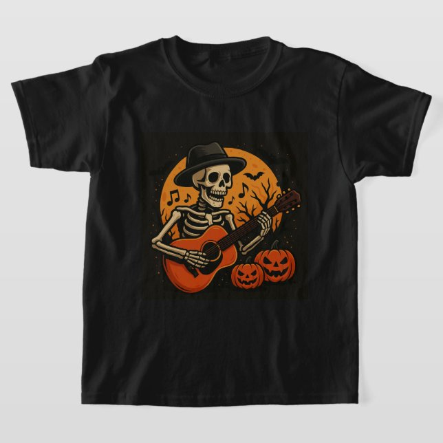 Guitar-Playing Skull Halloween T-Shirt (Laydown)