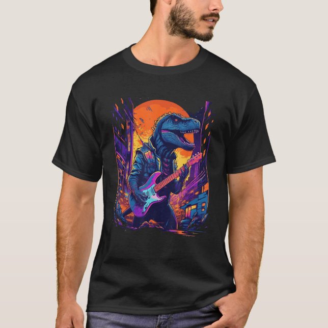 Guitar Playing T-Rex Dino Guitarist Bassist Musici T Shirt (Framsida)