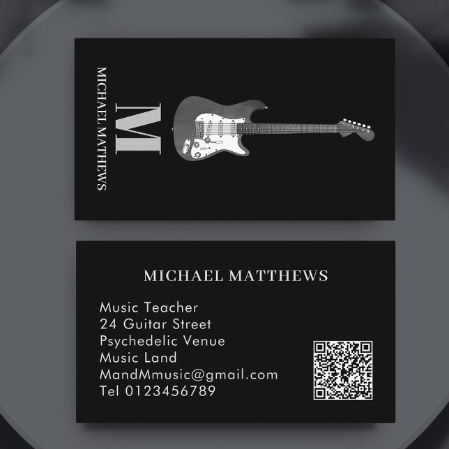 Guitar Professionell Musician Anpassningsbar QR Co Visitkort (Modern minimalist black & white Guitar Music teacher musician professional qr code business card)