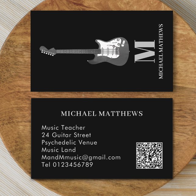 Guitar Professionell Musician Anpassningsbar QR Co Visitkort (Modern Guitar music teacher professional musician qr code Business card Minimalist stylish black )