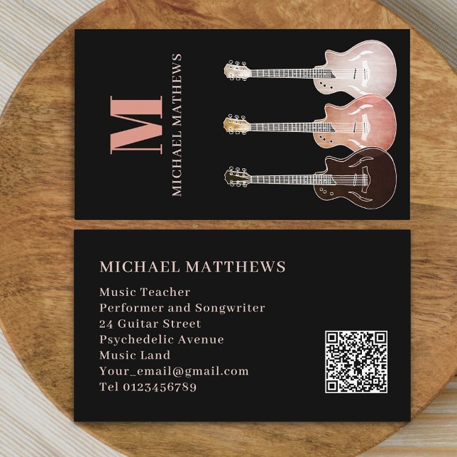 Guitar Professionell Musician Anpassningsbar QR-ko Visitkort (Modern guitar teacher professional musician qr code Business card Rustic country music electric )