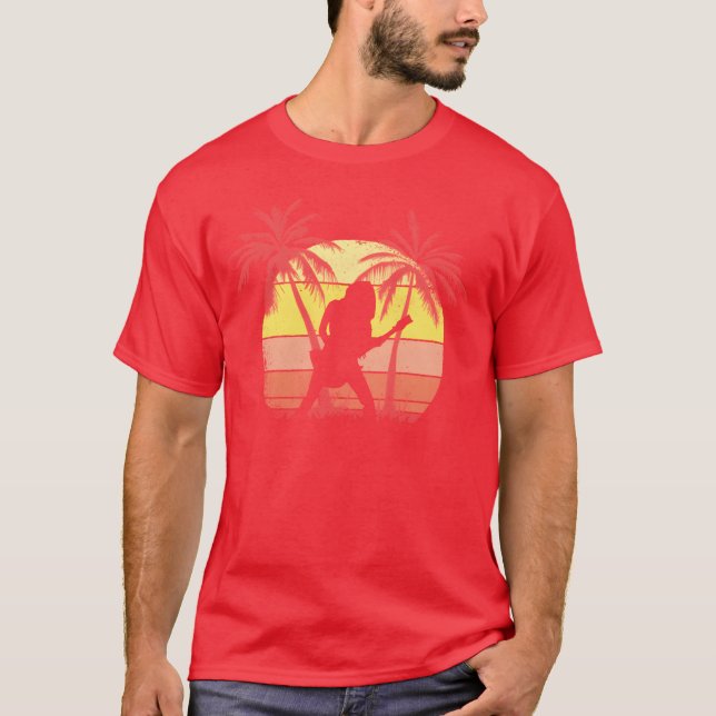 Guitar Rock Girl Summer Sunset 80s Palm retro T Shirt (Framsida)