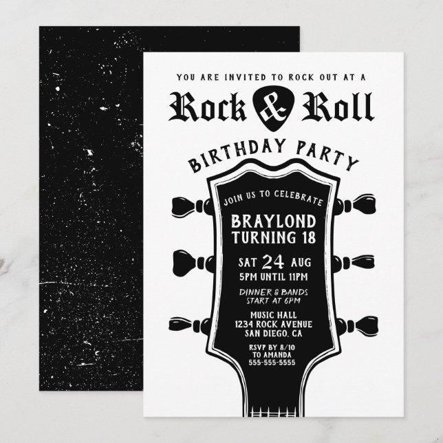 Guitar Rock N Roll Birthday-inbjudan Inbjudningar (Fram/baksida)