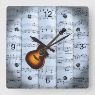 Guitar ~ Rolled Lakan Music ~ Blue Tint Background Fyrkantig Klocka
