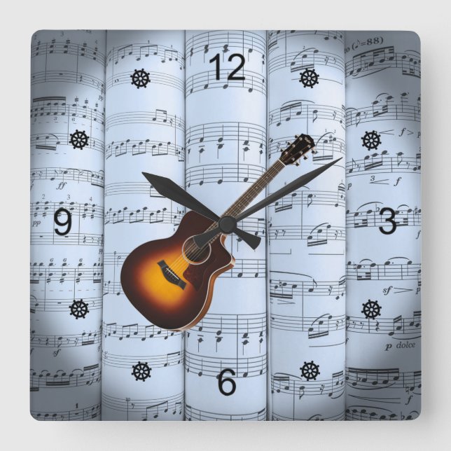 Guitar ~ Rolled Lakan Music ~ Blue Tint Background Fyrkantig Klocka (Framsida)